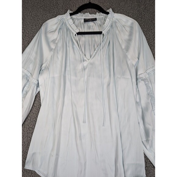 Lane Bryant Plus Size Top Blue  Size 14/16 V-Neck Ties Peasant Ruffles Pleated - Picture 1 of 12